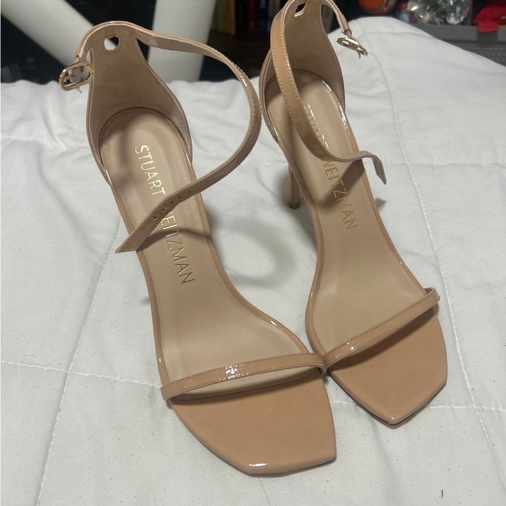 Stuart Weitzman Beige Patent Ankle-Strap Heels